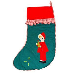 Red Gingham Applique Girl Farmhouse Country Chic Folksy Christmas Stocking Vtg